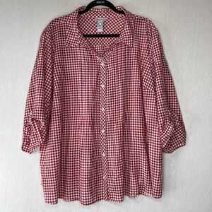 Catherines Plus Size Top Blouse Button Down 3X Red White Gingham Tabbed Sleeves